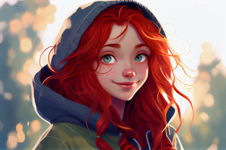 Cute red-haired woman with blue eyes happily wearing hoodie and  - AI generated cartoon girl characterの素材