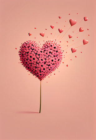 Illustration of heart-shaped dandelion and seeds on light pink background - AI generated wallpaperの素材