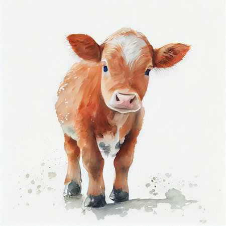 Cute brown cow baby on white background - AI generated calf in watercolor styleの素材