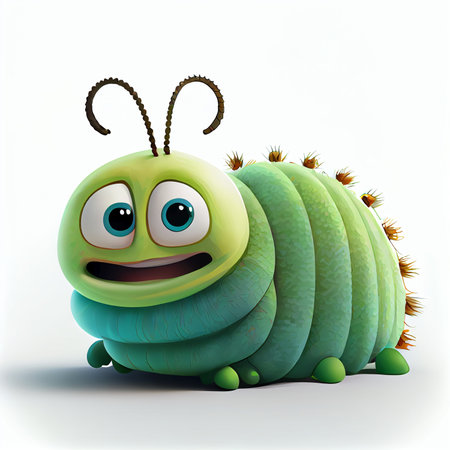 Cheerful fat caterpillar on white background - AI generated cartoon character - green funny 
bugの素材