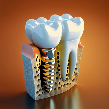 Teeth with dental crowns on orange background. Dental implant. AI generated dentistry wallpaperの素材