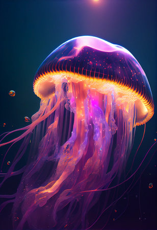 Underwater glowing jellyfish in colorful cinematic lightning - AI generated dangerous jelly fishの素材