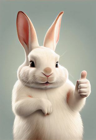 white friendly rabbit giving thumbs up - cheerful look - AI generated cute bunnyの素材