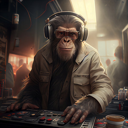 Portrait of a monkey DJ playing music at a nightclub - AI generated background wallpaperの素材