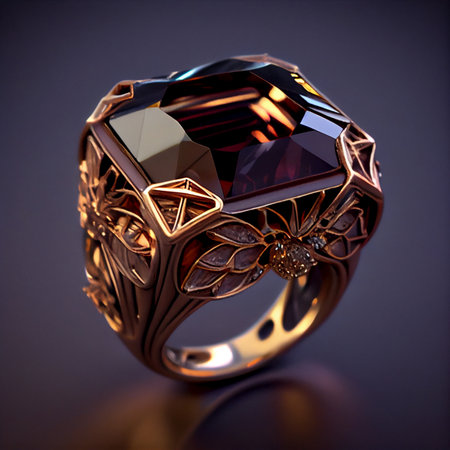 AI generated dark stone jewelry ring with volumetric lighting on a dark background.の素材