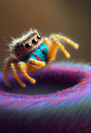 Cute spider jumps on tiny trampoline in air - AI generated background wallpaperの素材