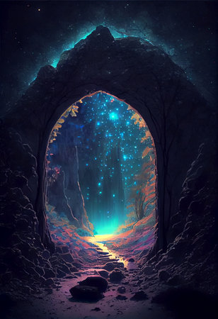 Gorgeous dark starry cave entrance with magical glimmer  - - AI generated fantasy background wallpaperの素材