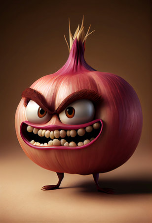 Angry animated onion - AI generated cartoon funny characterの素材