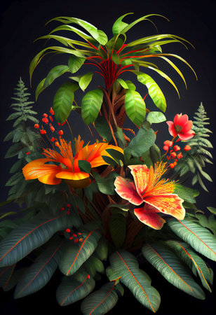 beautiful tropical plant with leaves and flowers - AI generated floral background wallpaperの素材