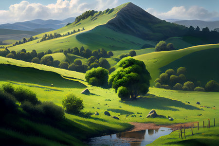 beautiful summer landscape with lush green meadows and trees in the mountains - AI generated background wallpaperの素材