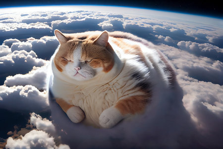 Giant sleeping cat seen from space breaking through clouds - AI generated background wallpaperの素材