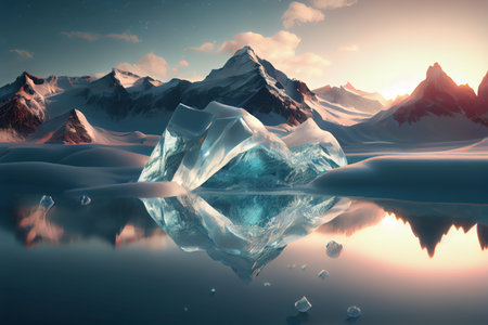 Frosty landscape of ice and glass snow with mountains background - AI generated winter wallpaperの素材