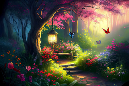 Colorful beautiful garden with lights flowers and butterflies in the morning - AI generated spring background wallpaperの素材