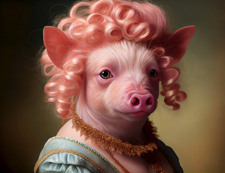 Retro portrait of lady pig with pink hair on a dark background - AI generated funny wallpaperの素材