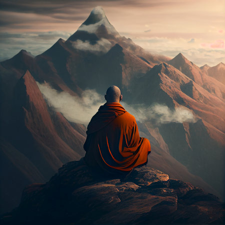 Buddhist monk meditates on the top of a mountain - AI generated background wallpaperの素材