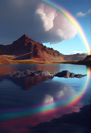 Rainbow over the lake in the mountains - AI generated background wallpaperの素材