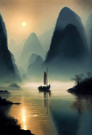Fantasy landscape with boat on the river and mountains in the background - AI generated wallpaperの素材