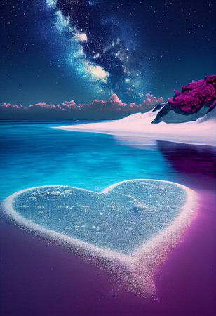 istic view of romantic beach with heart shaped sand - AI generated heaven placeの素材