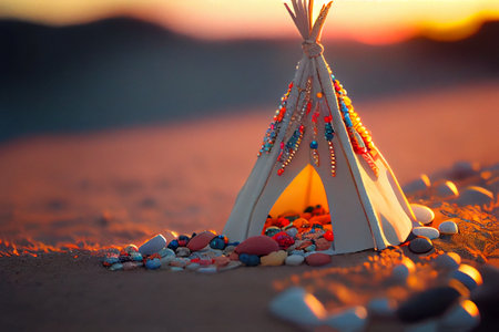Soft vintage sunset light captures boho beach aeshetic of mini tipi bonfire and crystal beads - AI generated background wallpaperの素材