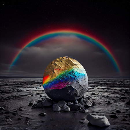 rainbow colored rock on lunar surface with a rainbow and clouds on a background - AI generated fantasy landscape wallpaperの素材
