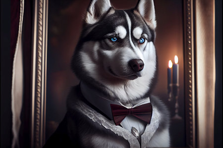 Portrait of a beautiful and wealthy Siberian husky dog with a bow tie - AI generated background wallpaperの素材