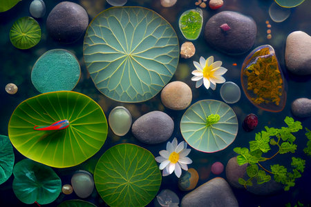 shallow water bottom with varied stones lotus leaves plants and flowers - AI generated background wallpaperの素材