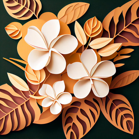 Paper cut art of plumeria flowers - - AI generated floral background wallpaperの素材