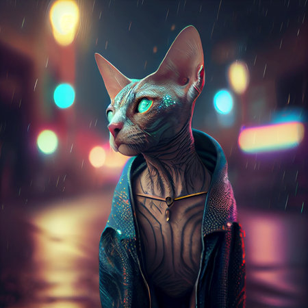 Sphynx cat in a raincoat at night in the city - AI generated background wallpaperの素材