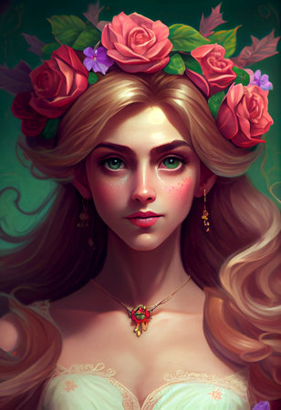Beautiful girl with a wreath of roses on her head - AI generated cartoon background wallpaperの素材