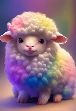 Cute fluffy baby sheep in pastel rainbow hues - happy and dreamy animation - AI generated background wallpaperの素材