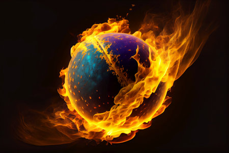 Fiery yellow cricket ball in flame - AI generated background wallpaperの素材