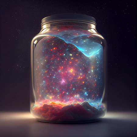 Entire universe inside of a glass jar - AI generated fantasy background wallpaperの素材