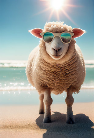 Funny sheep in sunglasses on a beach with sunshine background - AI generated travel conceptの素材