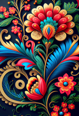 Abstract floral background with colorful flowers and leaves in Ukrainian folk style - AI generated wallpaperの素材