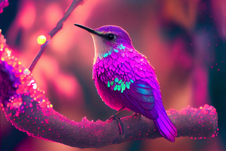 Cute magenta bird in the forest  sitting on branch. Wildlife scene from nature. AI generated background wallpaperの素材