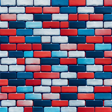 Horizontal brick wall with seamless blue red white gradient pattern - AI generated background wallpaperの素材