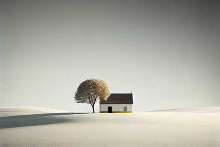 Beautiful summer landscape with lonely house and tree - AI generated minimalismの素材
