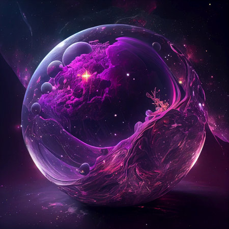 Universe inside of a sphere. Abstract background. Purple and black palette. Raster fractal graphics. AI generated background wallpaper.の素材