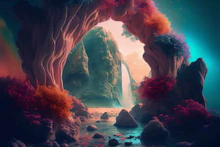 Dynamic rocky landscape with waterfall trees sun and lush vegetation and vibrant colors - AI generatedの素材