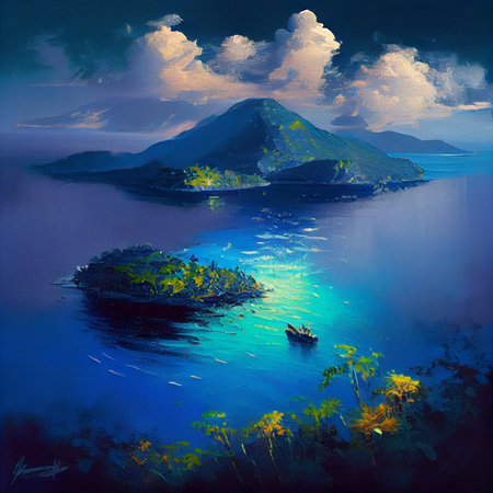 island in the ocean with mountain and clouds - AI generated background wallpaper in oil paint styleの素材