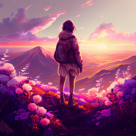 Woman admires sun setting of lilac pink peach and white on mountain surrounded by flowers. - AI generatedの素材