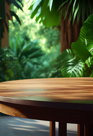 Empty wooden table and tropical garden background, product display montage. AI generated wallpaperの素材