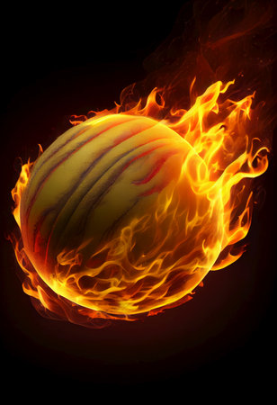 Fiery yellow cricket ball in flame - AI generatedの素材