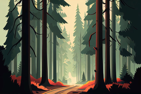 Forest landscape with road, trees and bushes. AI generated cartoon illustration.の素材
