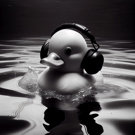 Black and white rubber duck wearing headphones - AI generated backgroundの素材