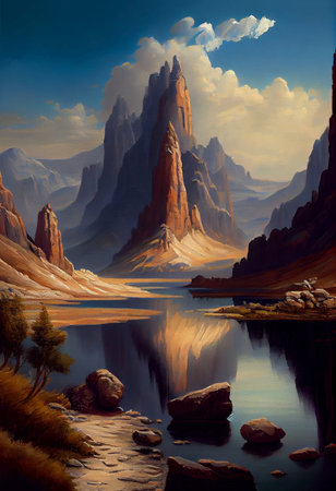 Vast ancient landscape with cliffs peaks hills lake in valley - AI generated background wallpaper in oil paint styleの素材