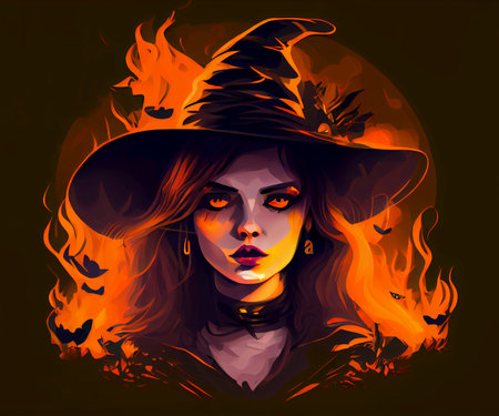 Halloween illustration with witch and fire on black background - AI generated cartoon characterの素材