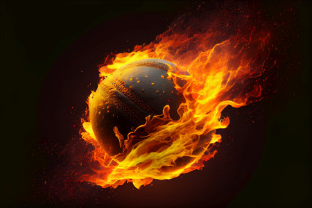 Fiery yellow cricket ball with flaming tail - AI generatedの素材