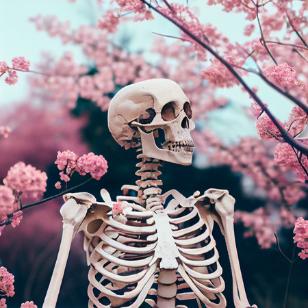 Beautiful picture of skeleton with cherry blossoms - AI generated background wallpaperの素材
