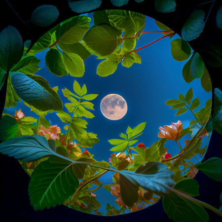Admire the moon through the rose leaves - AI generated abstract background of leaves and the moon in the sky.の素材